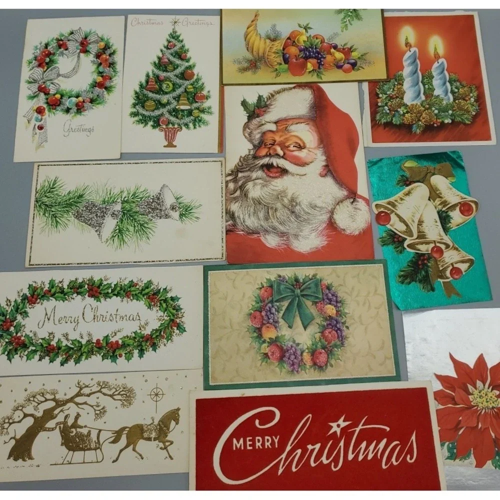 12 Old Vintage Used Greeting Card Fronts Christmas Greetings Embellished Glitter